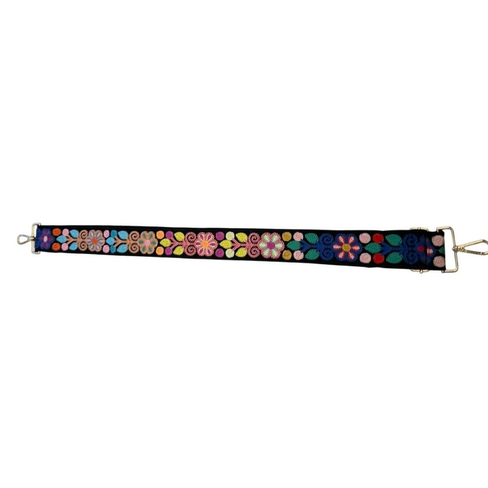 Boho Floral Embroidered Guitar Purse Strap Black Adjustable Crossbody Bag